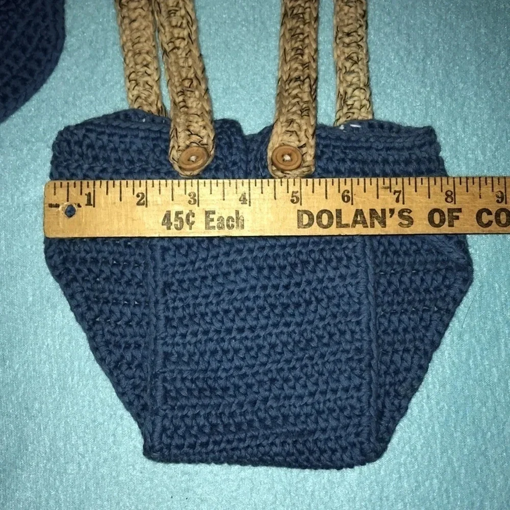 HANDMADE CROCHETED hat,matching bottoms suspenders and bow tie size 3-6 months